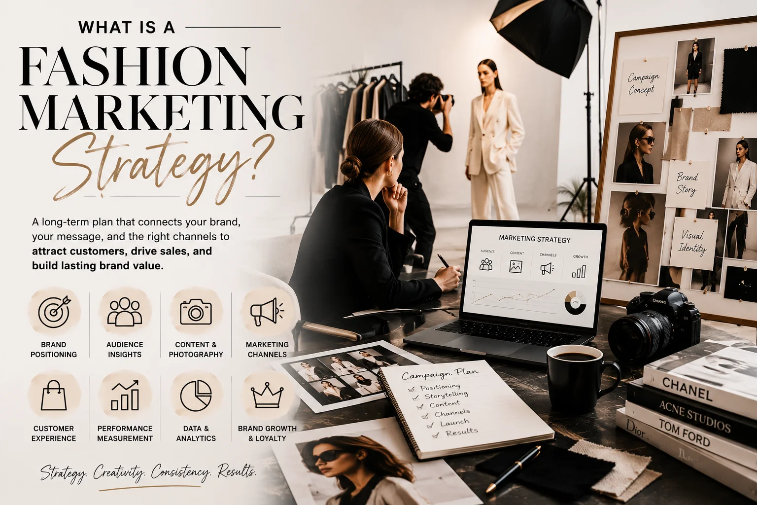 Fashion marketing strategy planning with a creative team developing campaign concepts, brand positioning, content strategy, and fashion photography for a commercial collection launch.